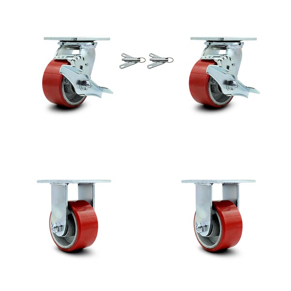 Service Caster 4 Inch Red Poly on Cast Iron Caster Set with 2 Brakes/Swivel Lock 2 Rigid SCC SCC-30CS420-PUR-RS-TLB-BSL-2-R-2 - main